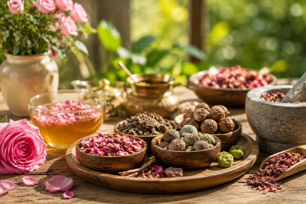 Rose and Organic Digest Tone Triphala supporting Ayurvedic digestive wellness and balance